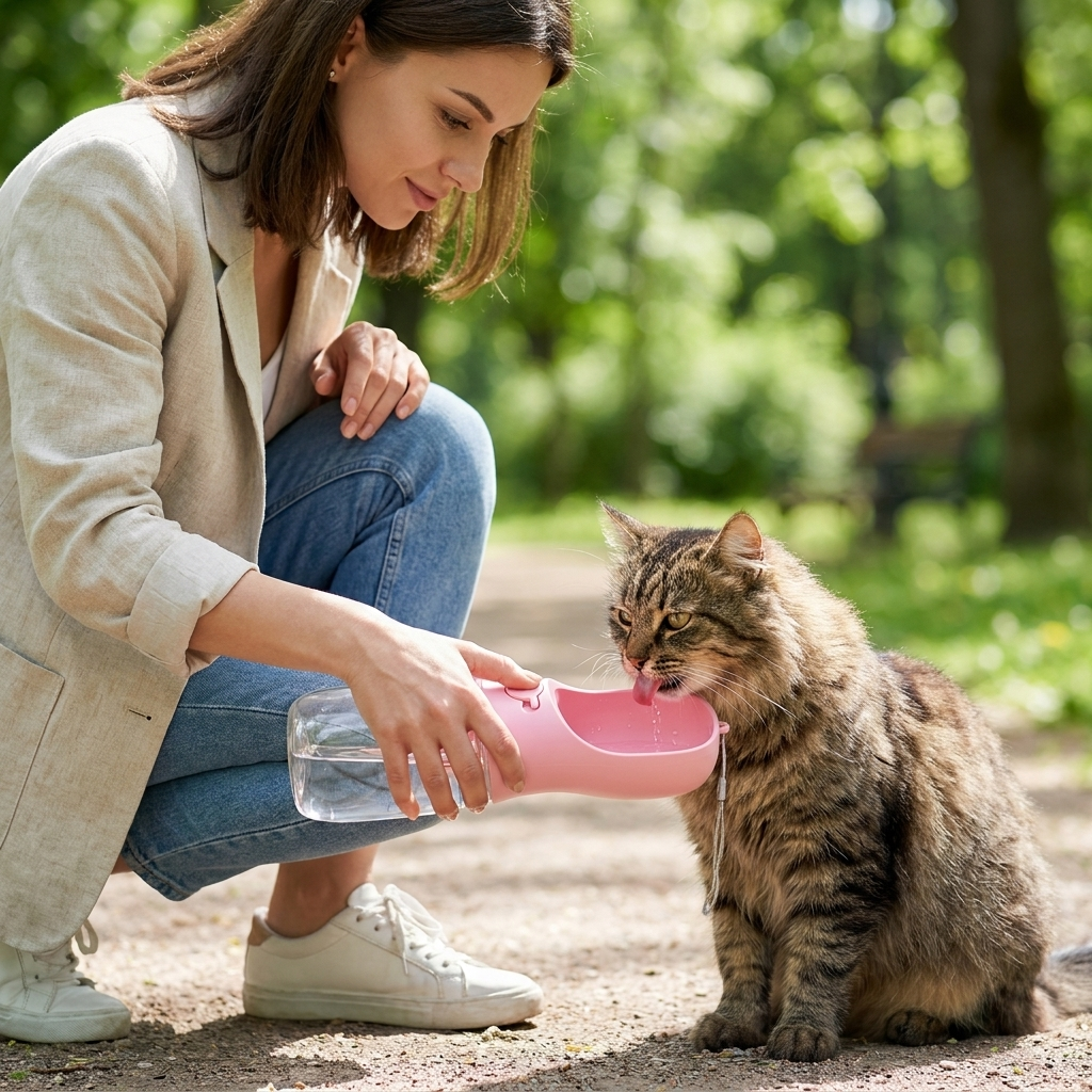 Woman giving cat water from Wandersip bottle in park