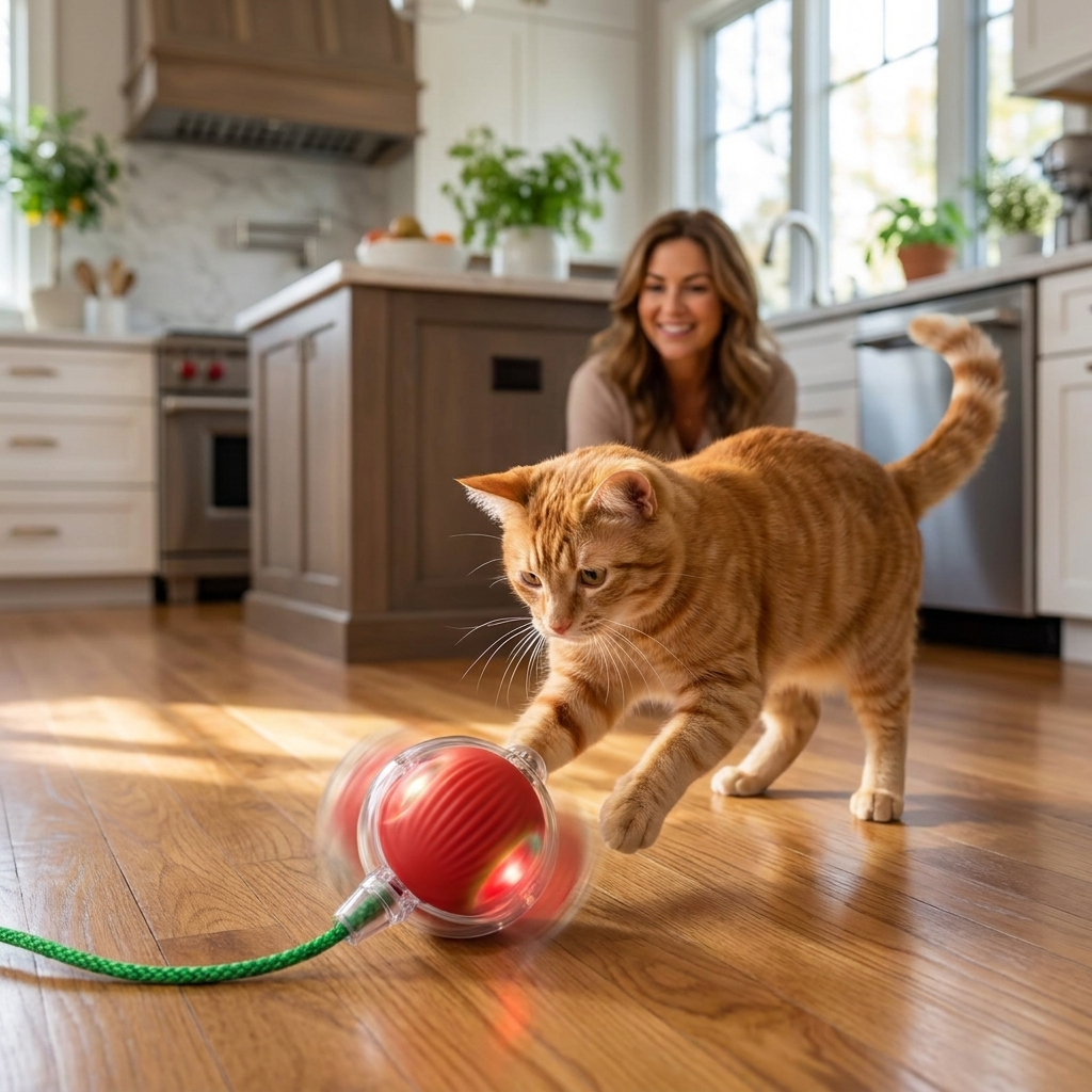 Cat batting Zoomie ball in kitchen
