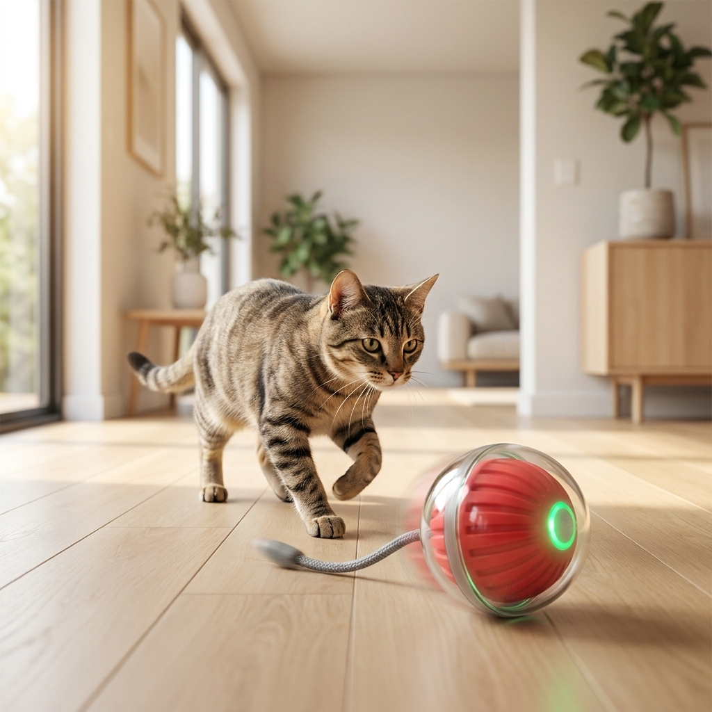 Cat chasing Zoomie ball down a hallway
