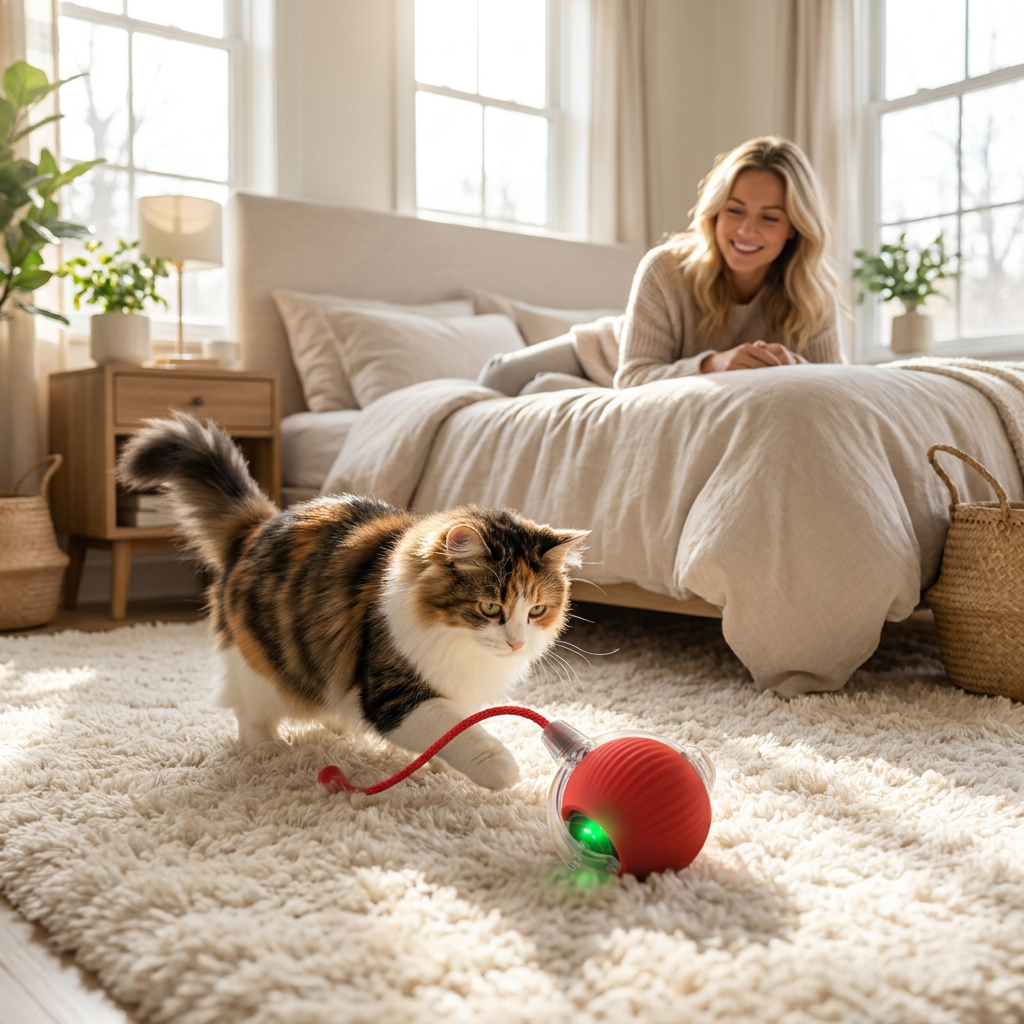 Cat playing with Zoomie ball in bedroom