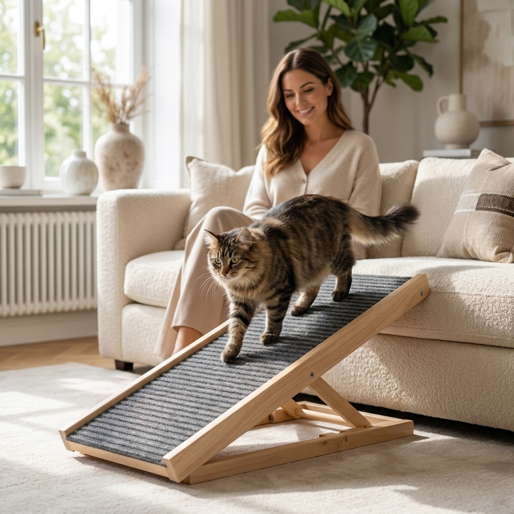 Cat coming down Easeway ramp from sofa