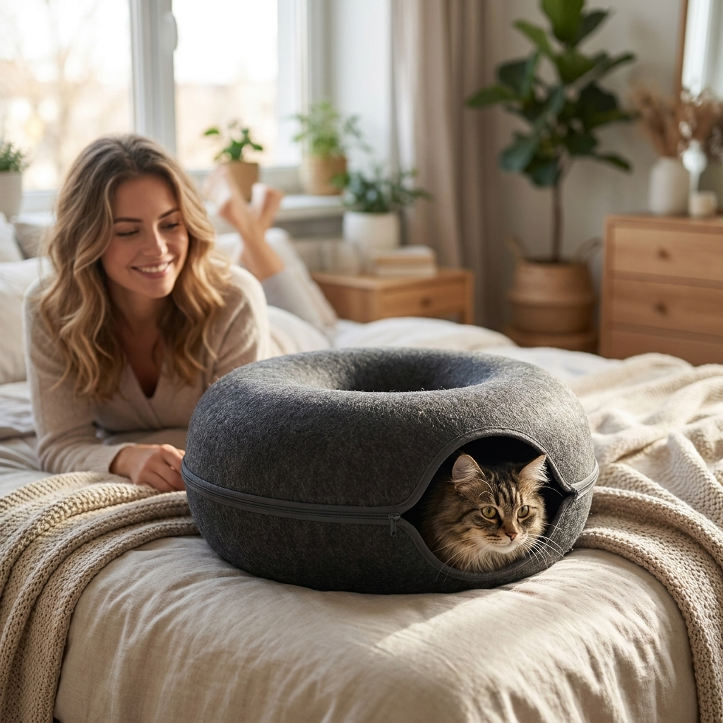 Cat in dark grey Burrow tunnel bed in bedroom