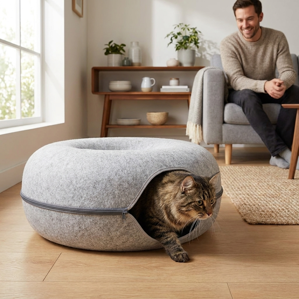 Cat in tunnel of Burrow bed with man nearby