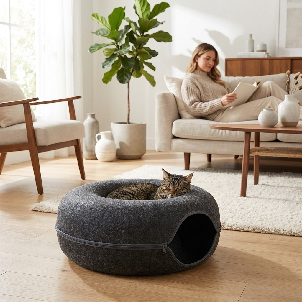 Cat napping on dark grey Burrow bed in living room