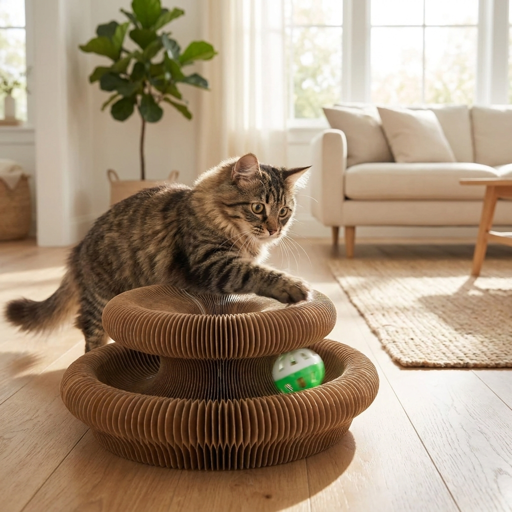 Cat batting ball on Ripple scratcher