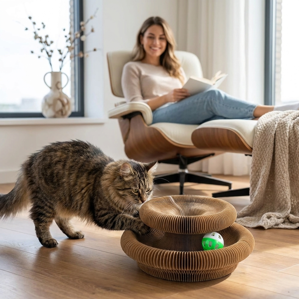 Cat scratching Ripple cardboard scratcher with woman nearby
