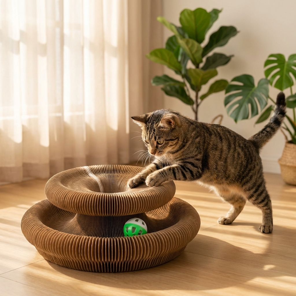 Cat pouncing on Ripple scratcher ball in sunny room