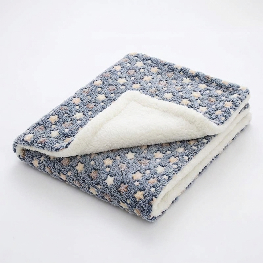 Lull plush cat bed mat in Blue Star pattern with white sherpa reverse