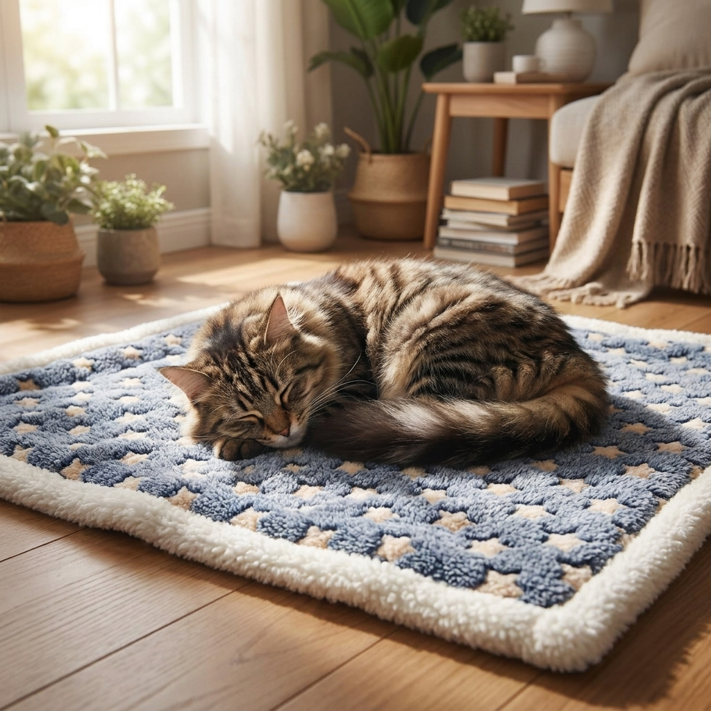 Cat curled asleep on the Lull mat in a bright bedroom