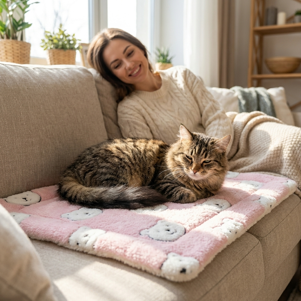 Cat lounging on the Lull mat on a couch beside its owner