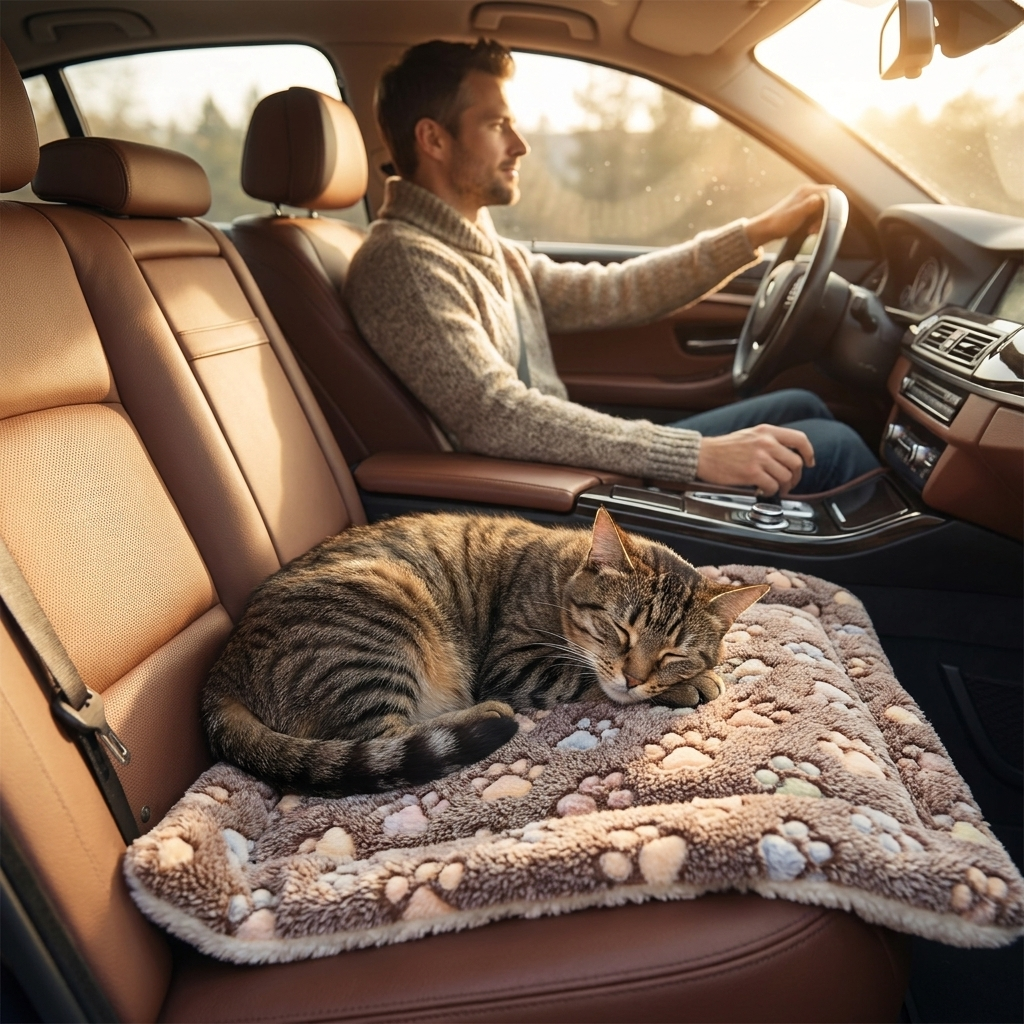 Cat napping on the Lull mat on a car seat during travel