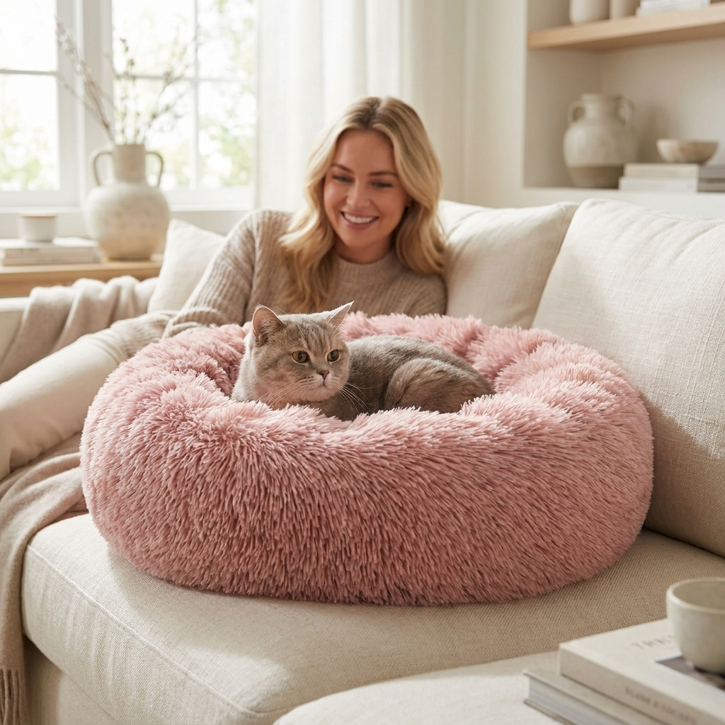 Cat resting in the pink Halo bed on a couch beside its owner