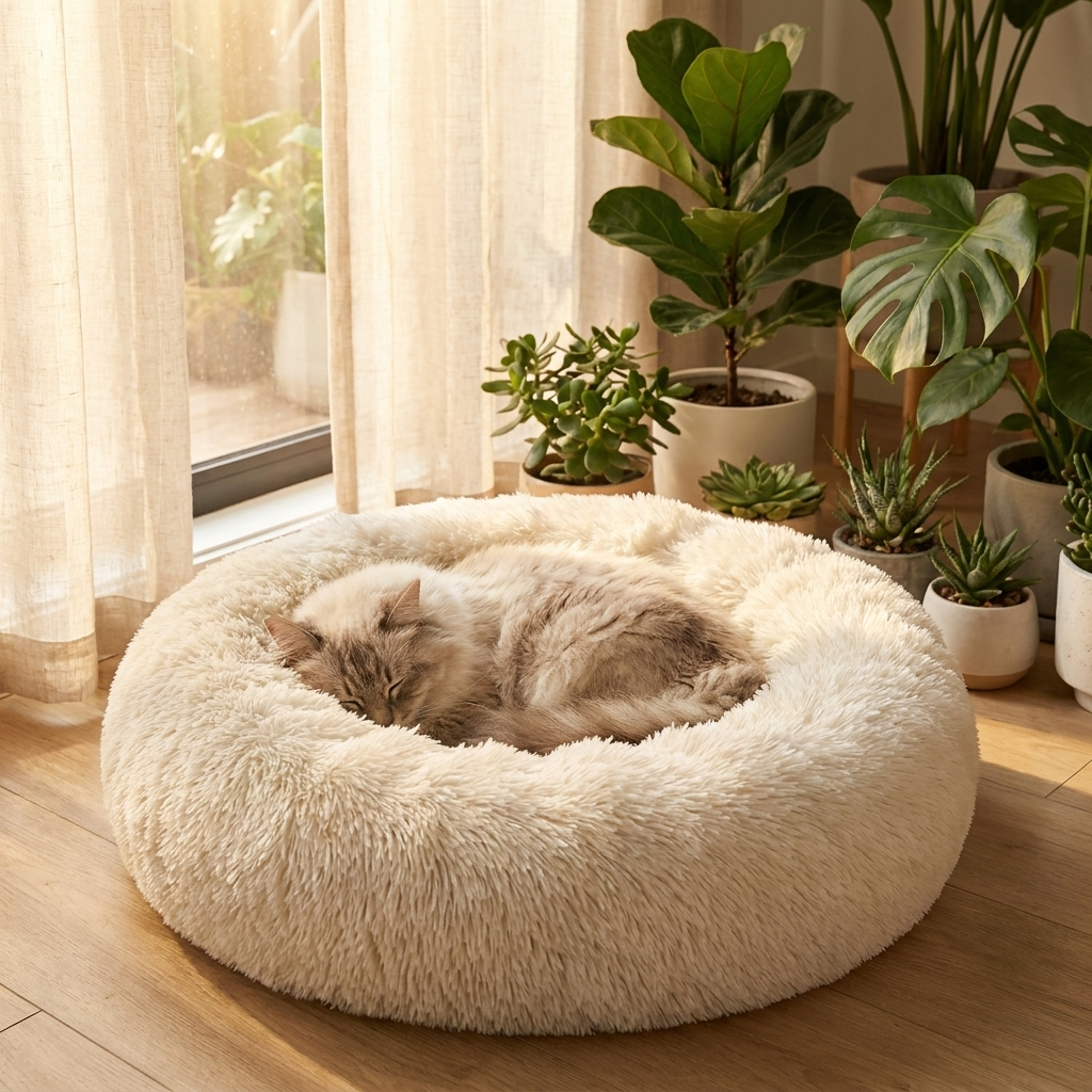 Cat sleeping in the cream Halo bed by a sunny window
