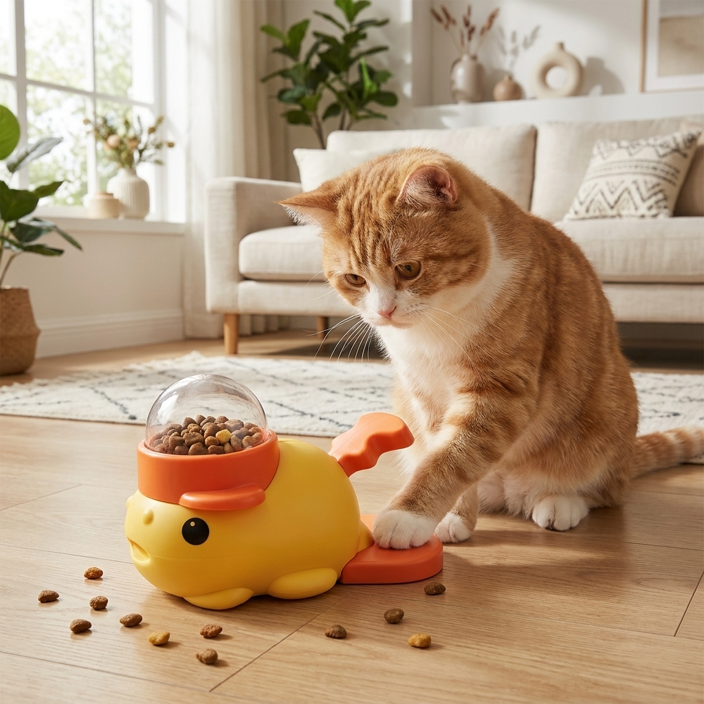 Cat tapping the paddle of the yellow Forage treat dispenser in a living room