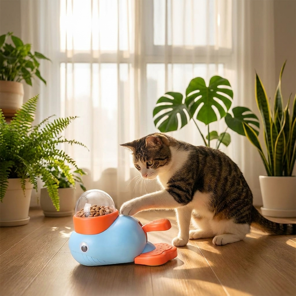 Cat batting the blue Forage dispenser by a sunny window