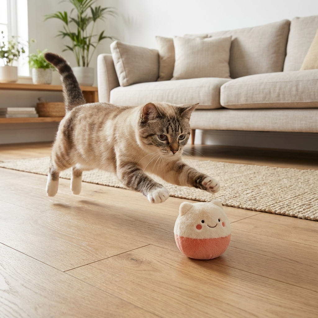 Cat chasing the small Sunny Smile Frolic rolling ball in a living room