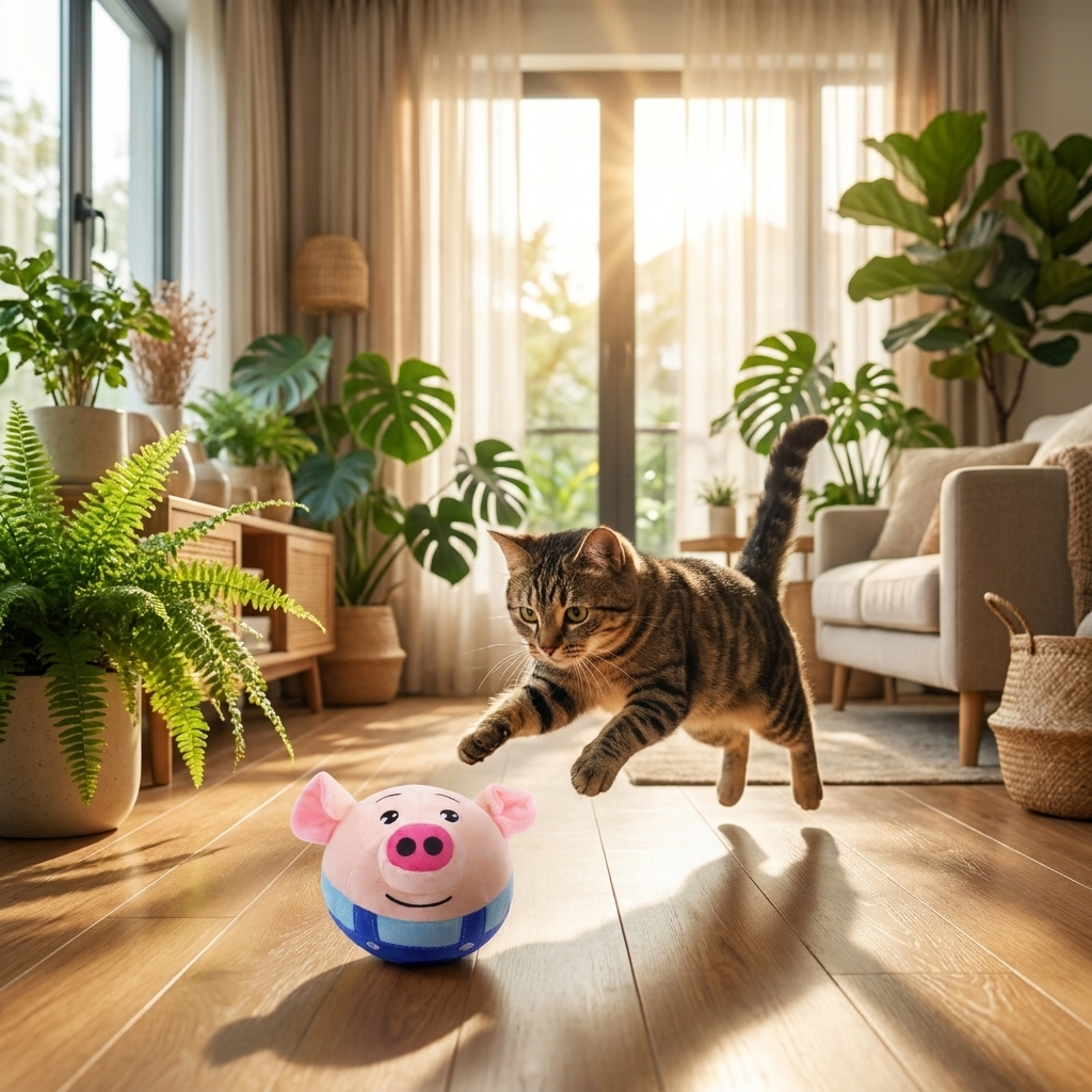 Cat chasing the small Blue Piglet Frolic ball by a sunny window