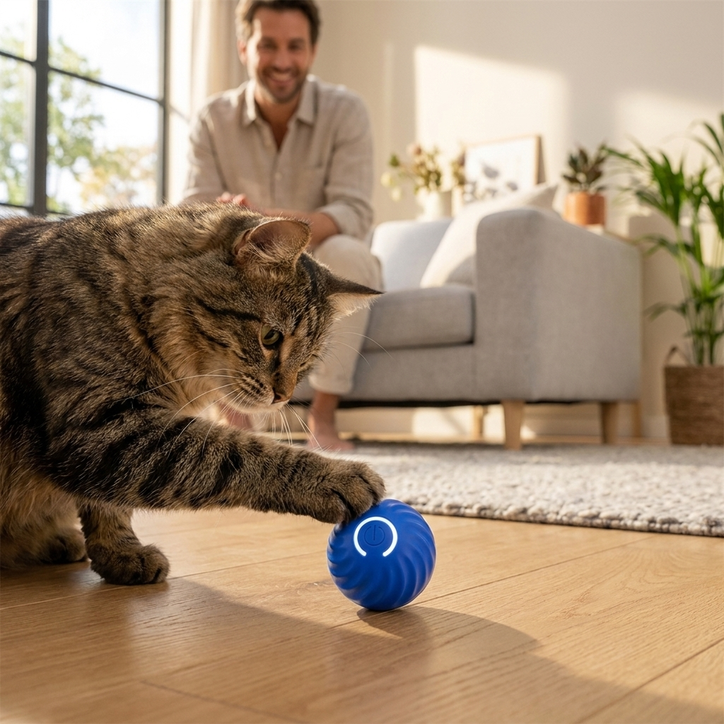 Cat pawing the blue Orbit smart ball on a wooden floor