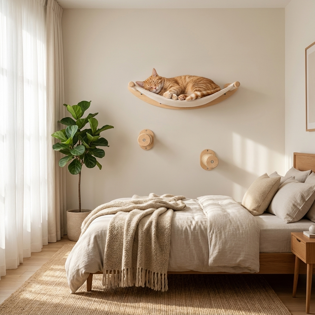 Ginger cat asleep in the wall-mounted cat hammock in a sunlit bedroom