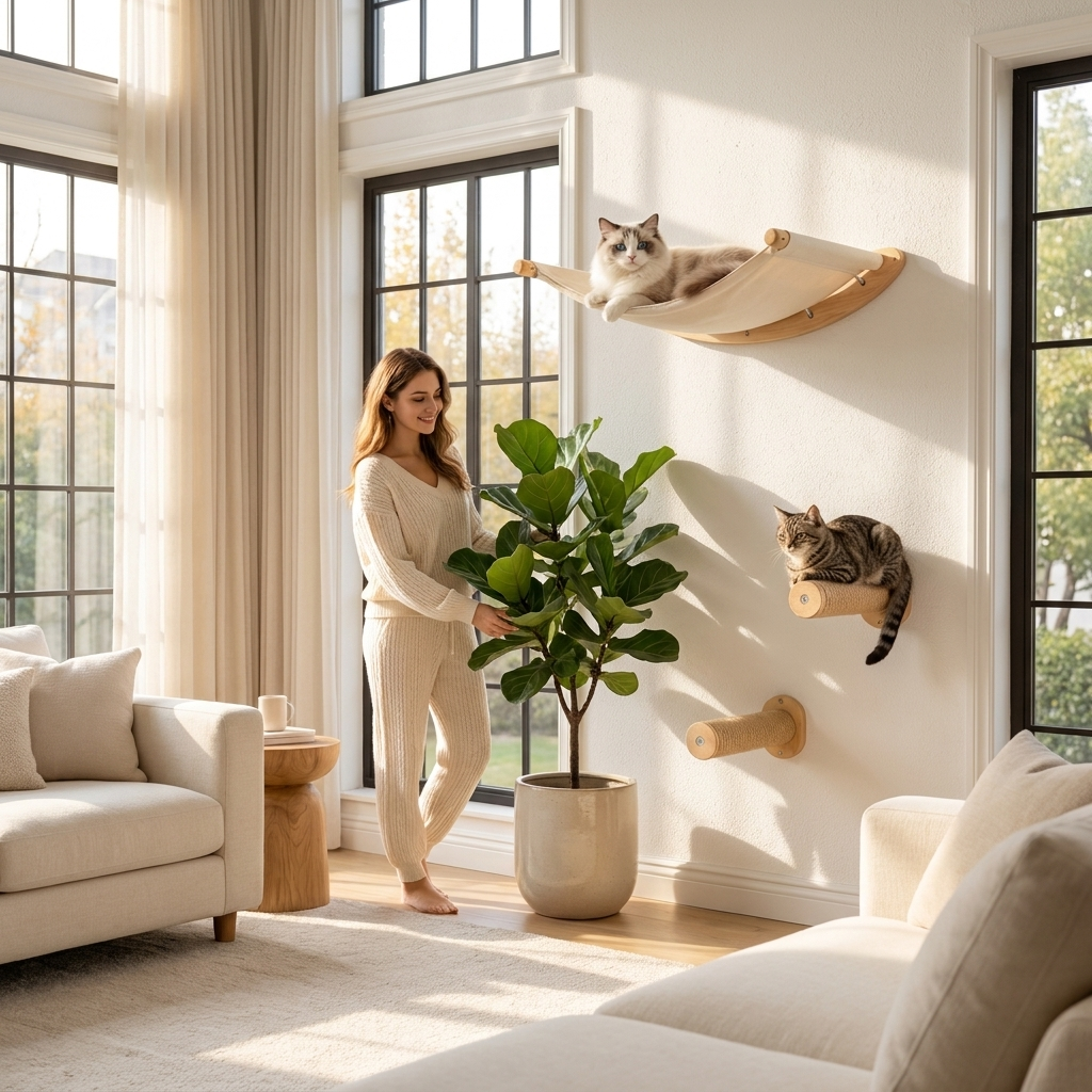 Two cats enjoying the wall-mounted hammock and step in a bright living room