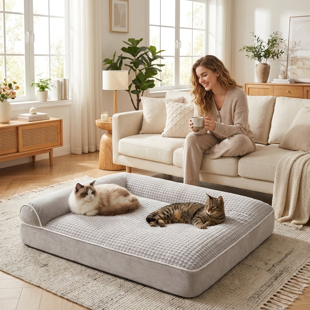 Two cats sharing the roomy Grey Nimbus cat bed