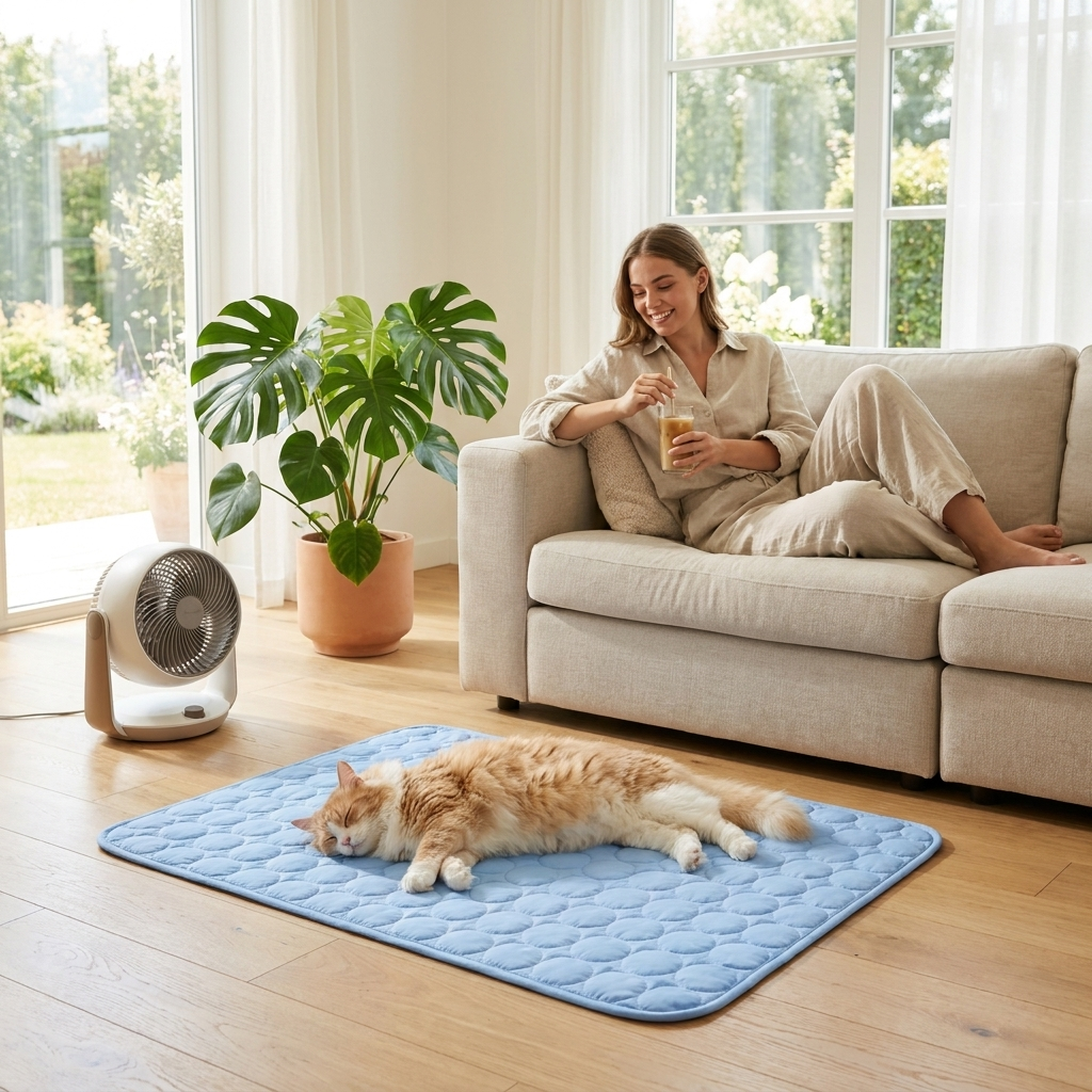 Cat sprawled cooling on the light-blue Frost mat beside a fan