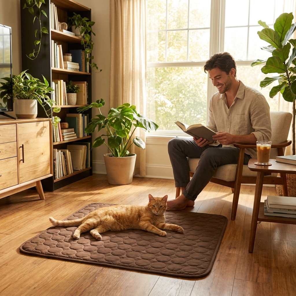 Cat cooling on the coffee Frost mat while a man reads nearby
