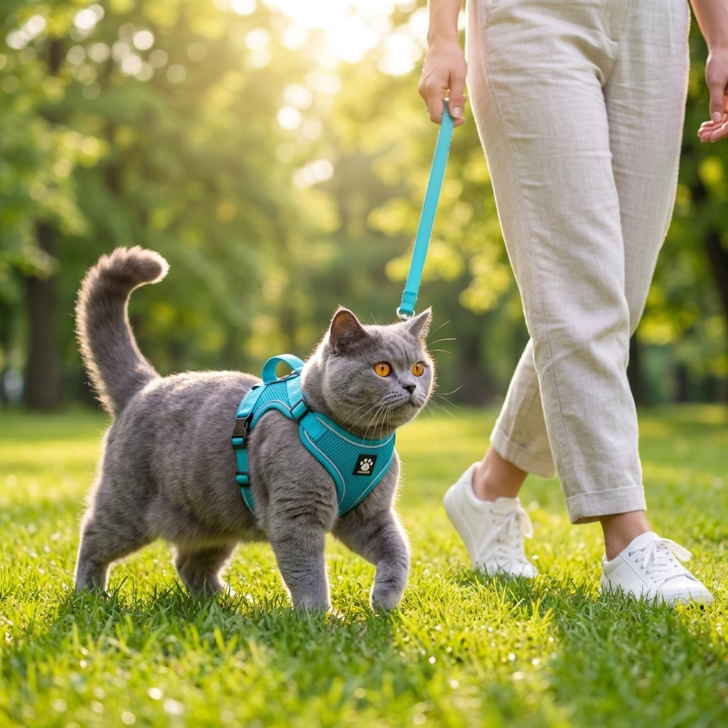 Cat in a lake-blue Wander harness walking on a leash in the park