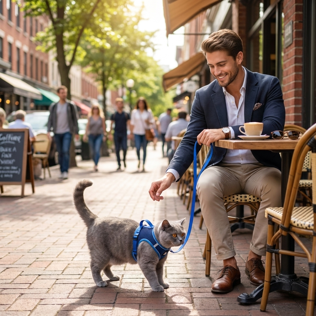 Cat in a navy Wander harness exploring by a city cafe