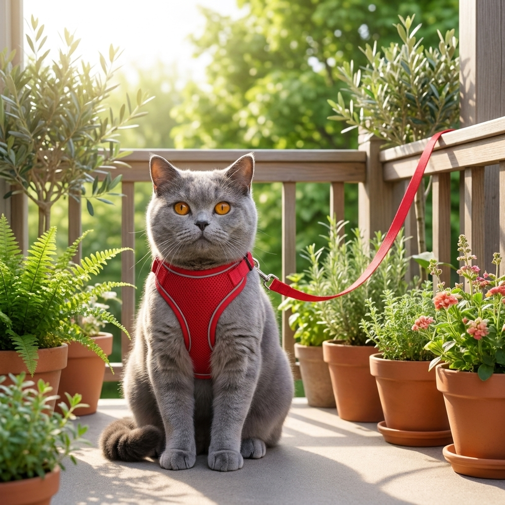 Cat in a red Wander harness sitting on a sunny balcony