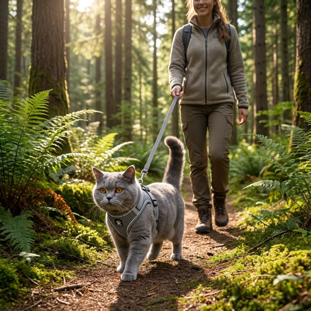 Cat in a gray Wander harness hiking a forest trail on a leash