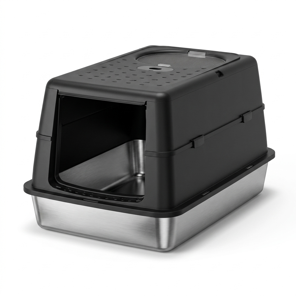Lustre stainless steel enclosed cat litter box with Black hood