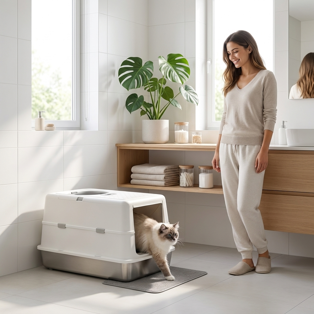 Cat stepping out of the white Lustre litter box in a bright bathroom