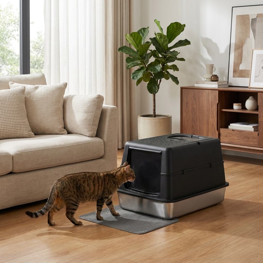 Black Lustre litter box in a stylish living room with a cat approaching