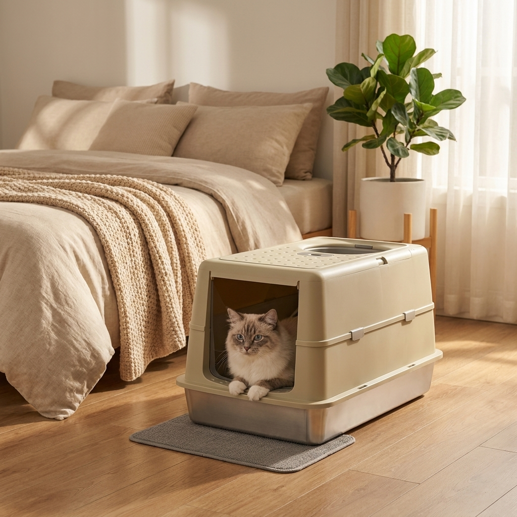 Khaki Lustre litter box in a cozy bedroom with a cat peeking out