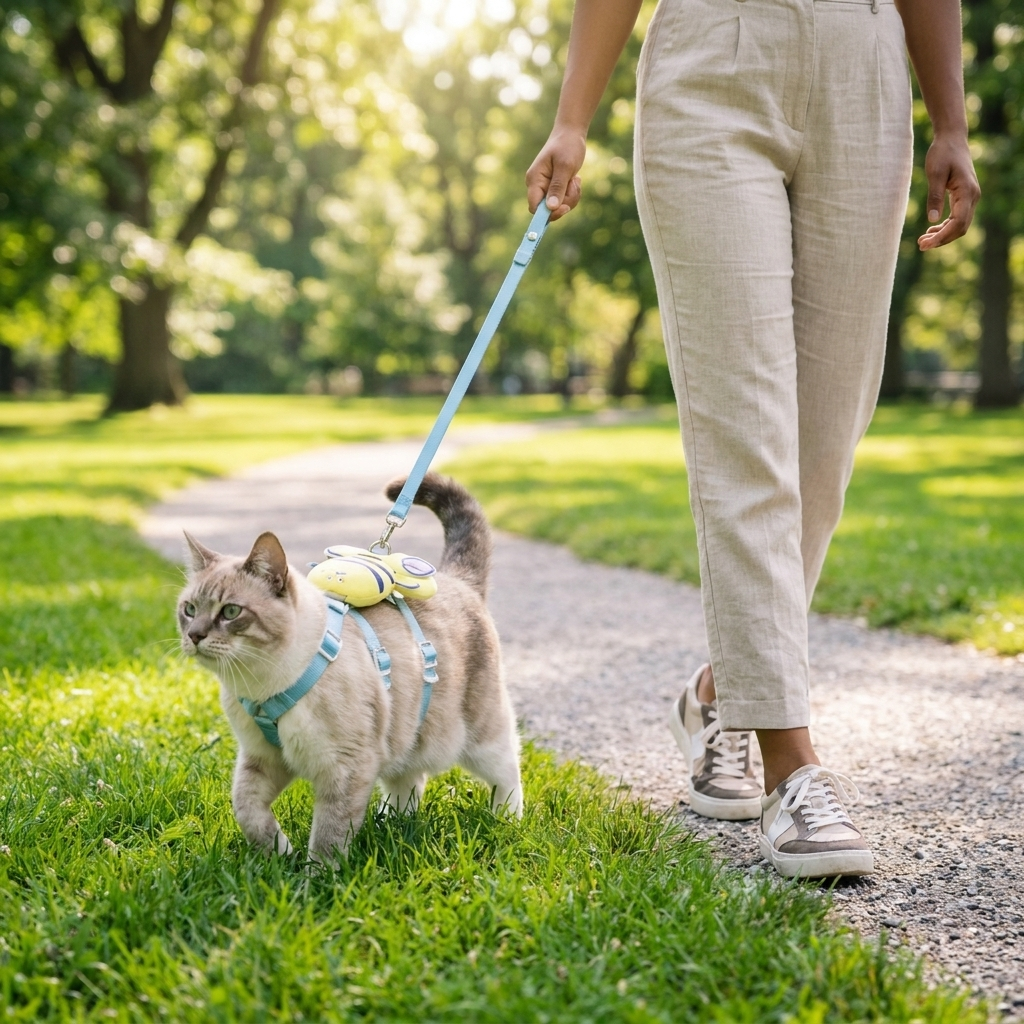Cat in a blue Bumble bee harness walking on a leash in the park