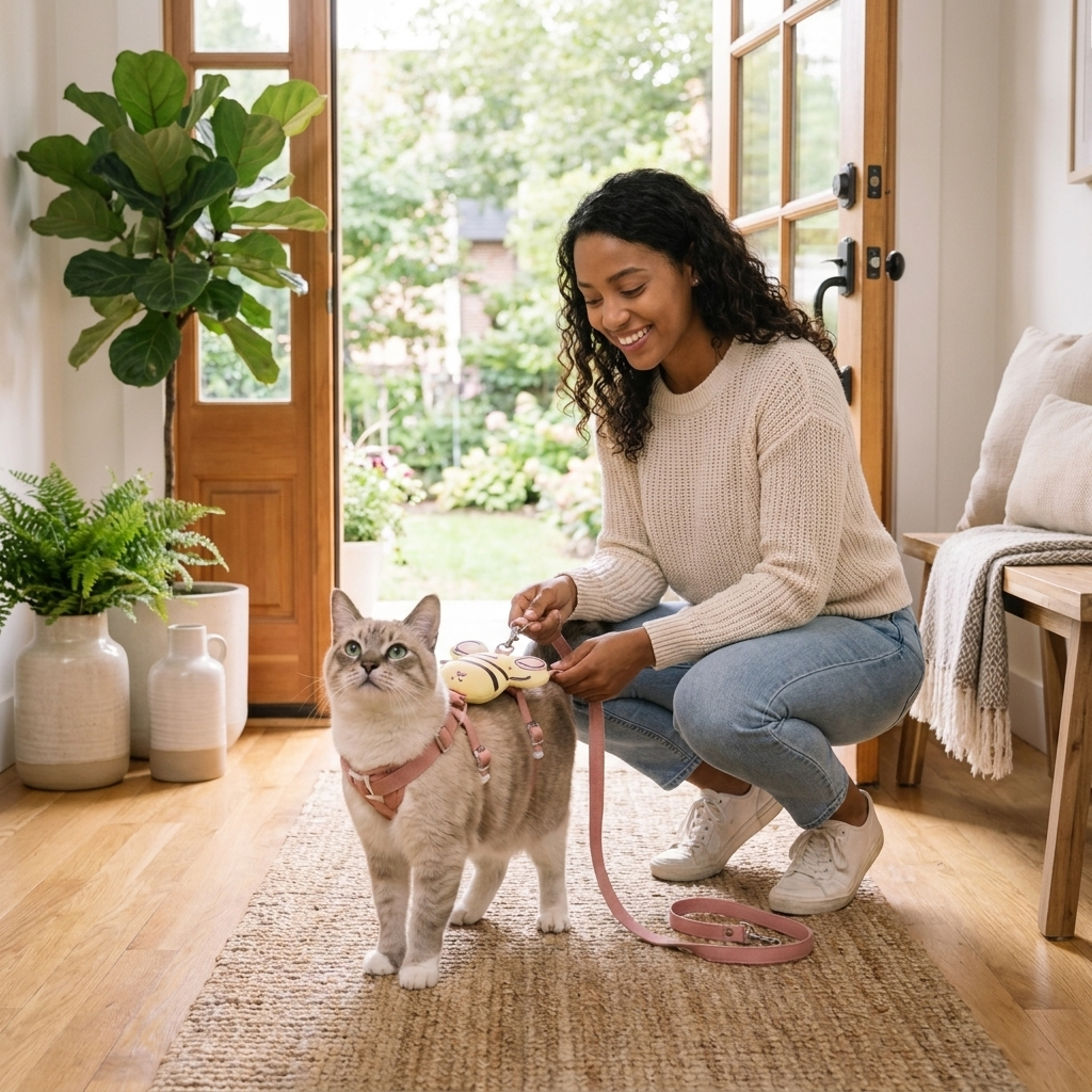 Woman clipping a leash to a cat in a pink Bumble bee harness at home