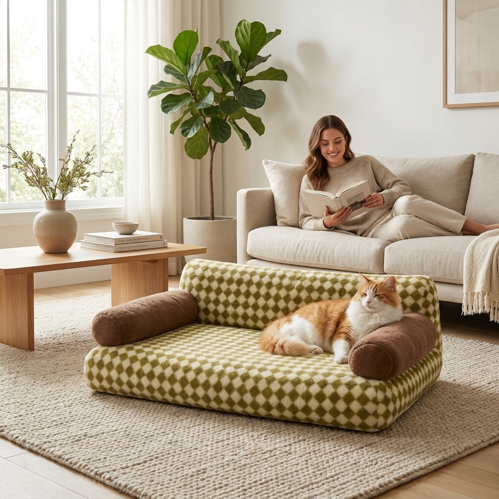 Cat lounging on the green Divan cat sofa bed in a living room