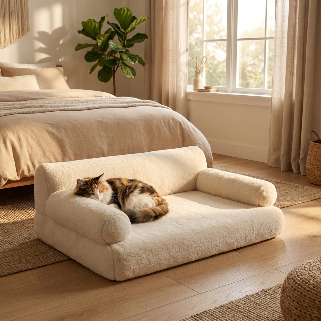 Cat napping on the cream Divan cat sofa bed in a bedroom