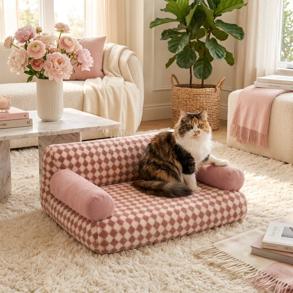 Fluffy cat sitting on the pink Divan cat sofa bed