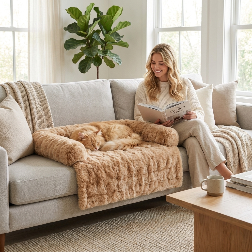 Ginger cat napping in the coffee Hush calming bed while a woman reads