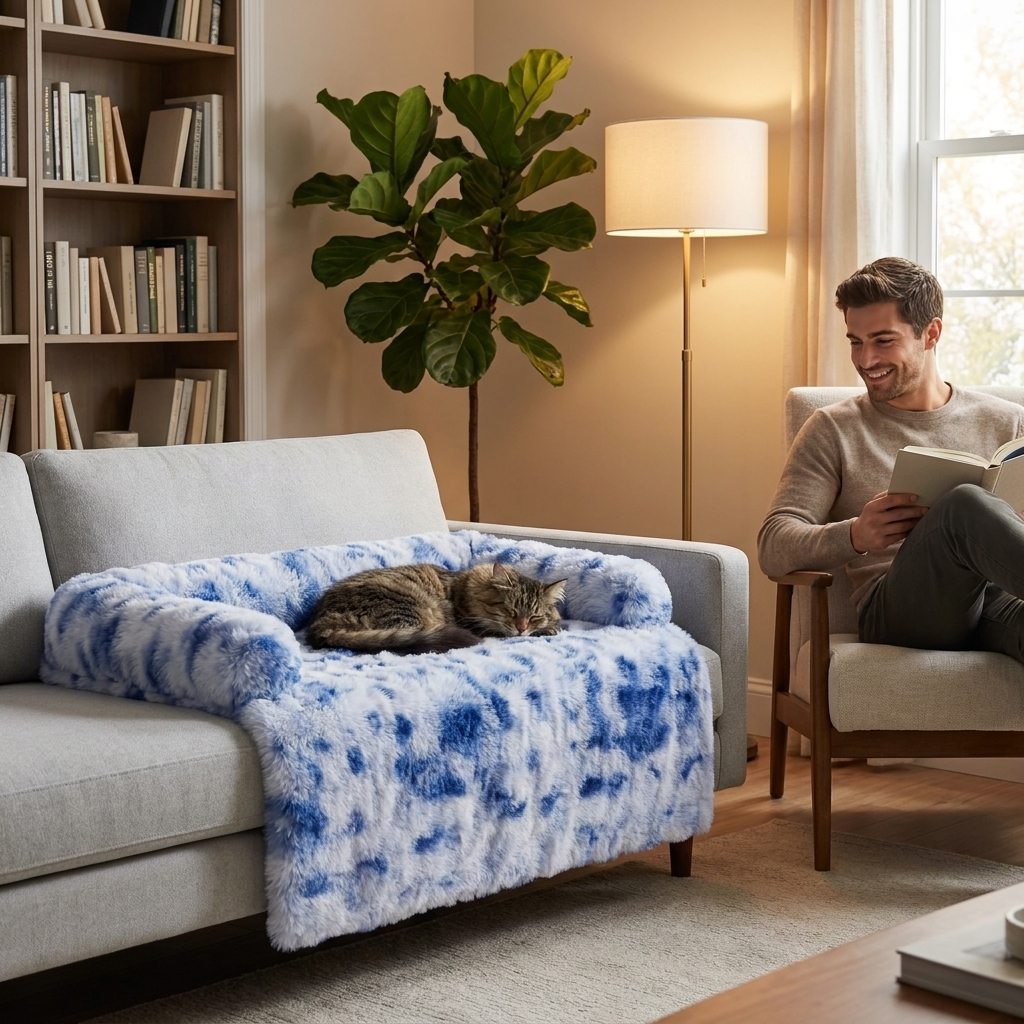 Cat in the blue tie-dye Hush bed while a man reads nearby