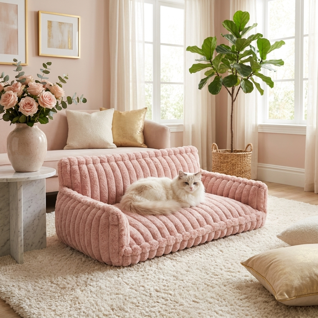 Fluffy cat lounging on the pink Reverie cat sofa bed
