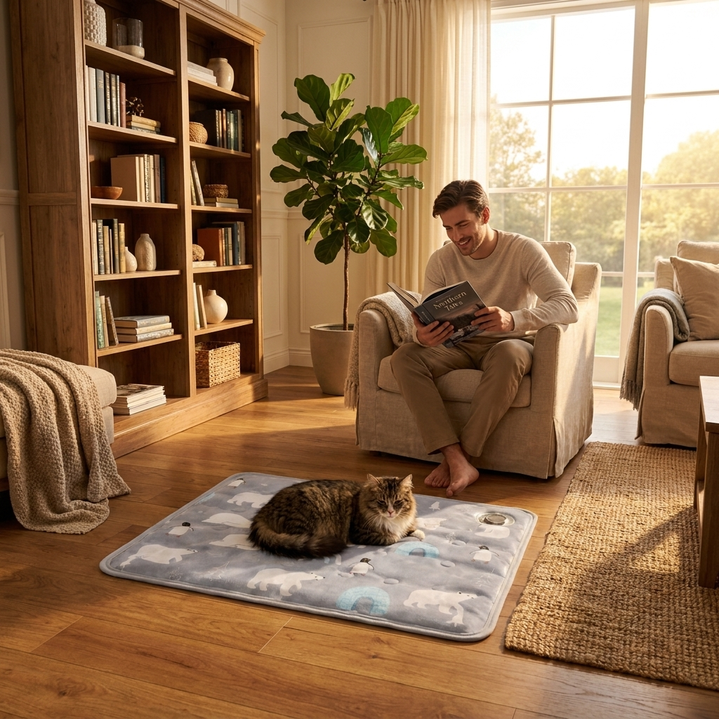 Cat on the grey Zephyr cooling mat while a man reads nearby