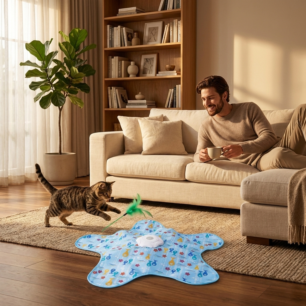 Man relaxing while his cat plays with the Frisk toy