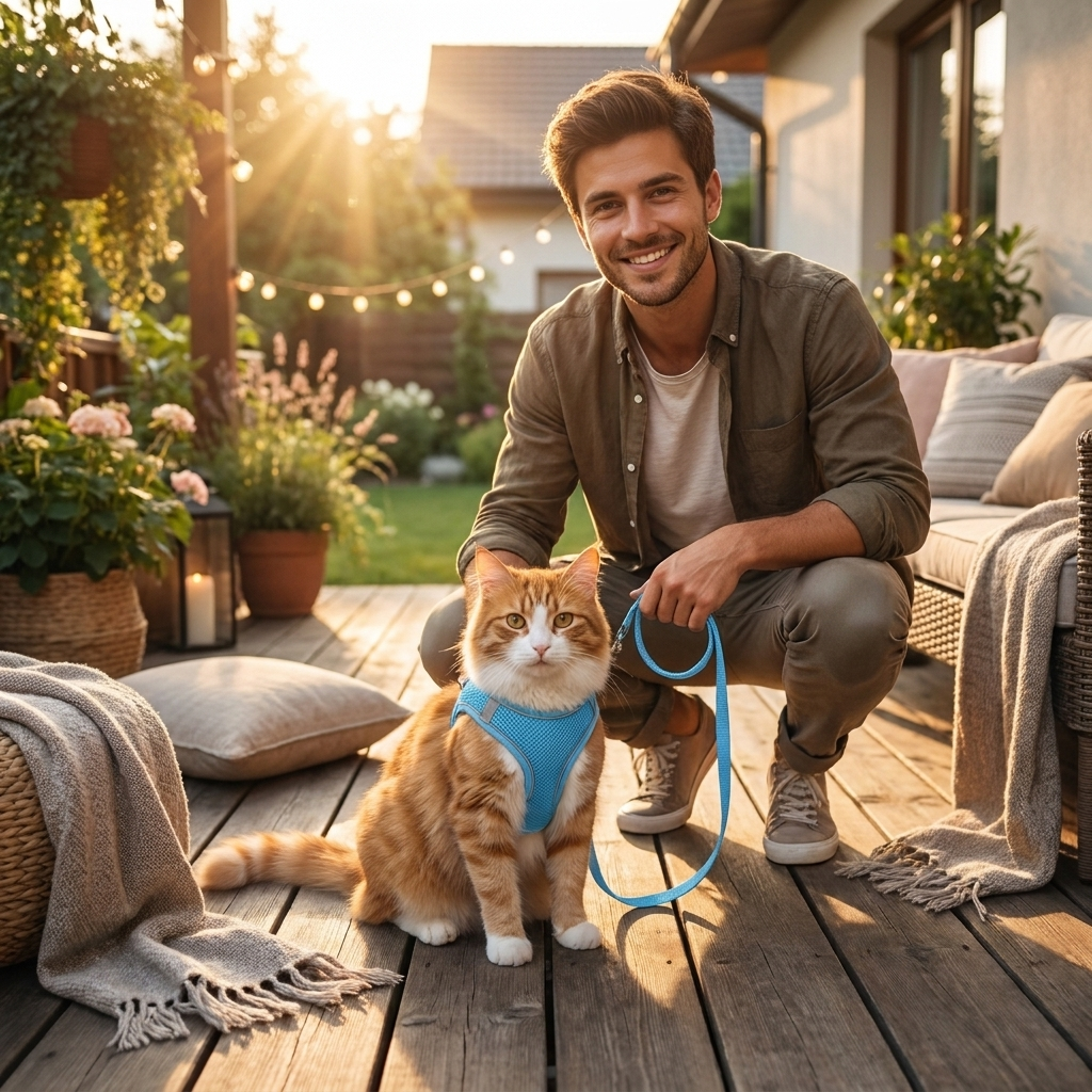 Man with his cat in the Halo harness on a deck