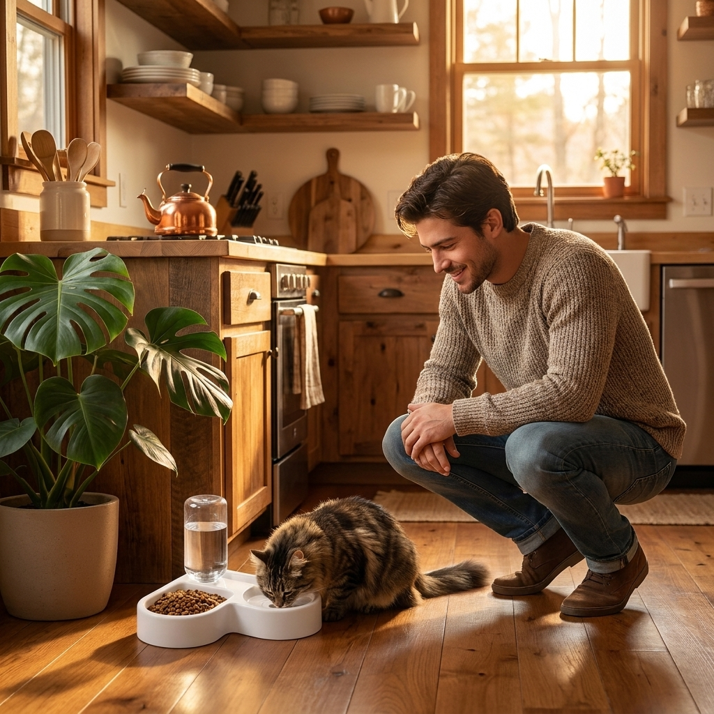 Man with his cat at the Bistro feeding station