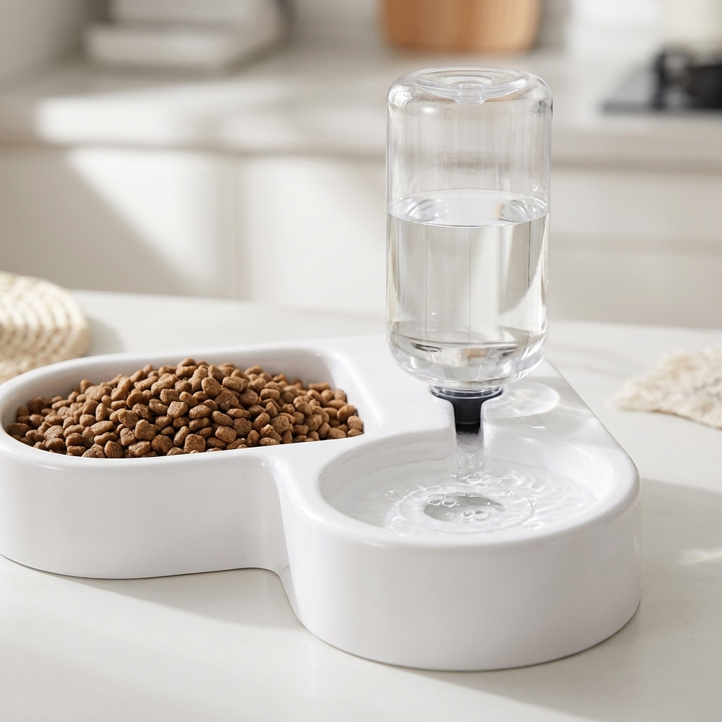 Close-up of the Bistro gravity water dispenser and food bowl
