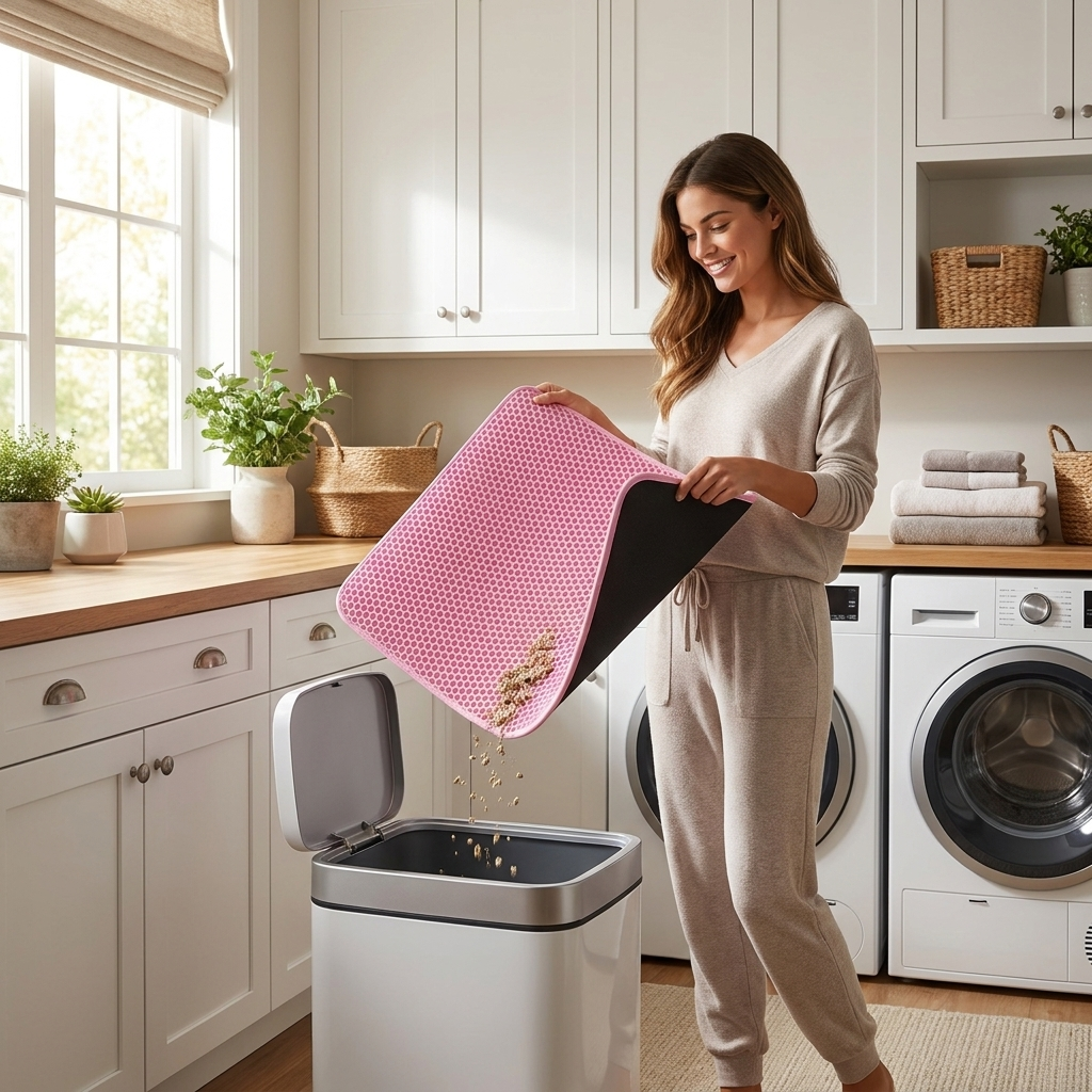 Woman shaking the Pebble mat clean