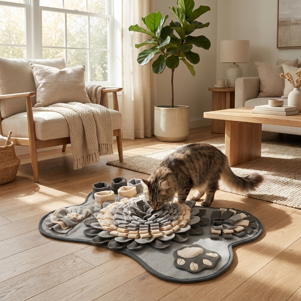 Cat foraging in the Meadow snuffle mat